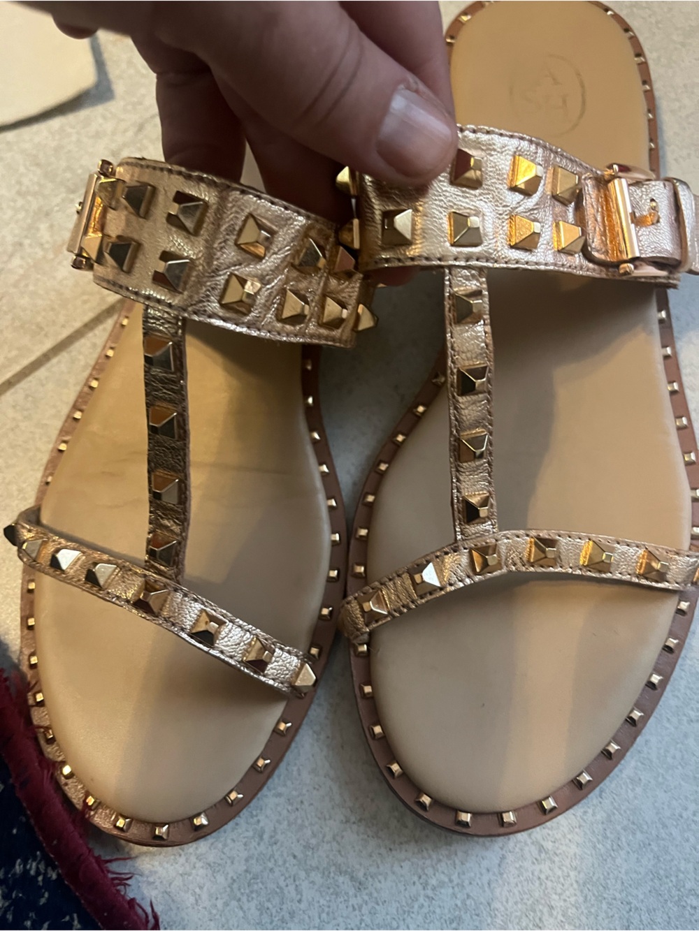Ash Rose Gold Studded T-Strap Sandals
